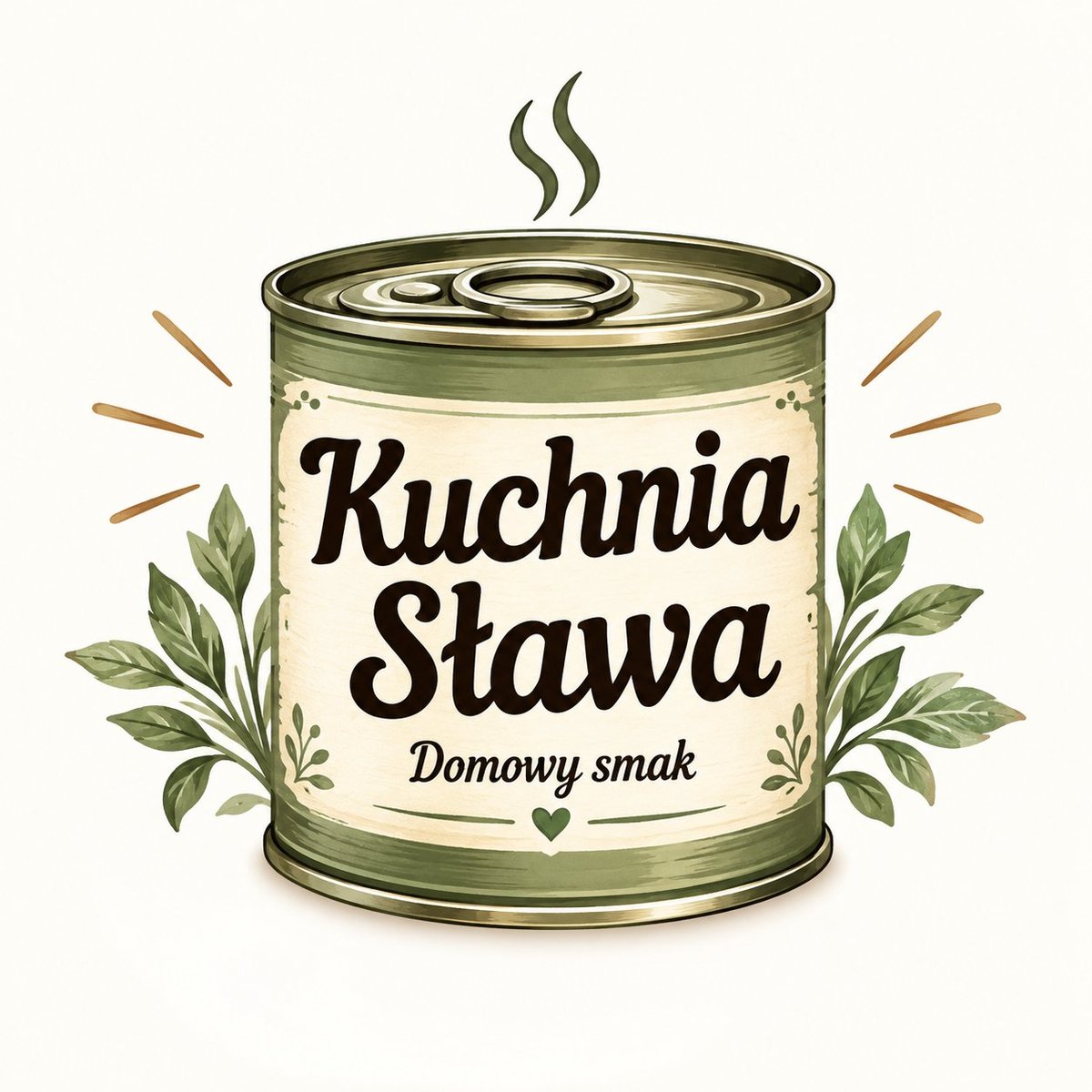 Kuchnia sława — logo z puszką konserwy i zielonymi liśćmi